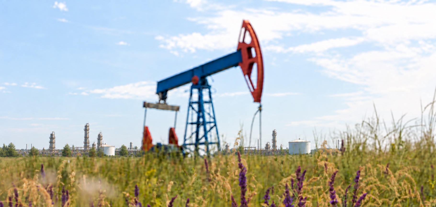 Нефтяная качалка среди луговых трав на фоне нефтеперерабатывающих установок